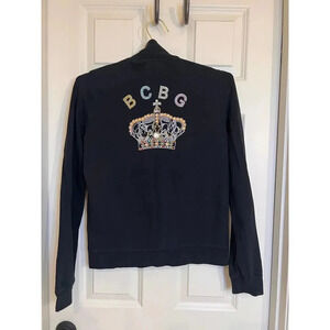 Bcbg zipper long sleeve sweatshirt with rinstone crown on the back size medium